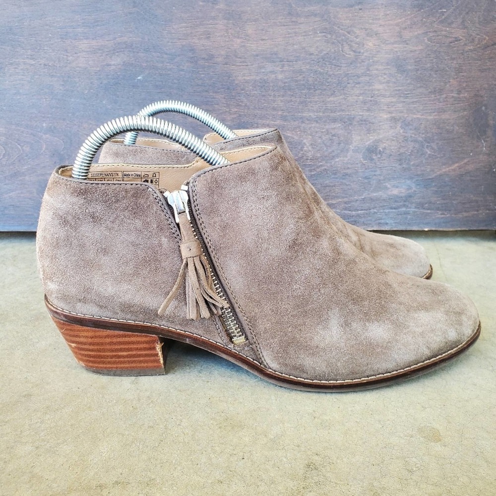 Vionic Serena Suede Booties Ankle Boot Tan Leather Comfort Side Zip Stacked Heel
